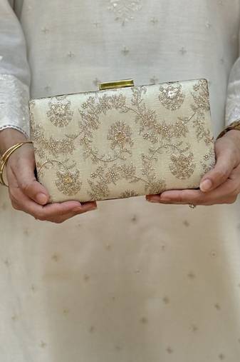 Beige silk metallic clutch