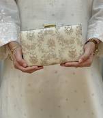Beige silk metallic clutch