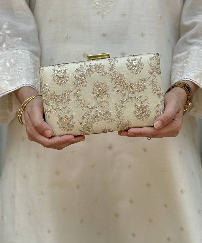 Beige silk metallic clutch