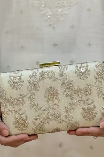 Beige silk metallic clutch