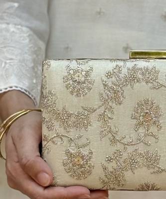 Beige silk metallic clutch 3