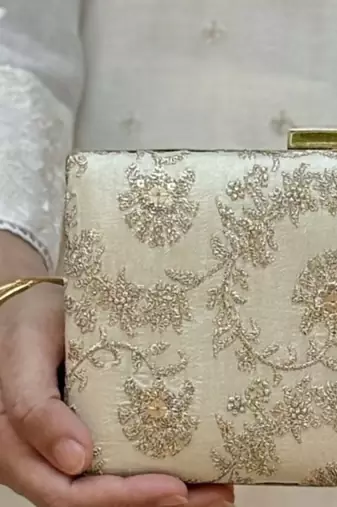 Beige silk metallic clutch