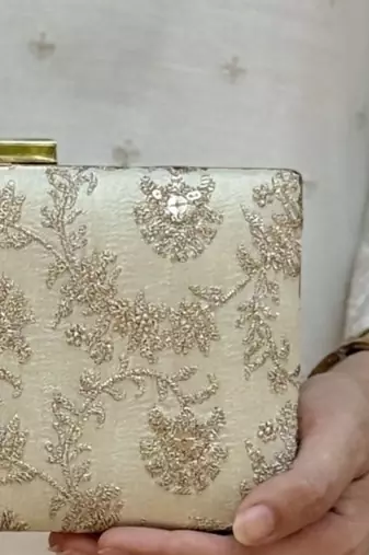 Beige silk metallic clutch