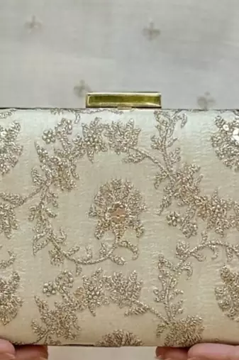 Beige silk metallic clutch