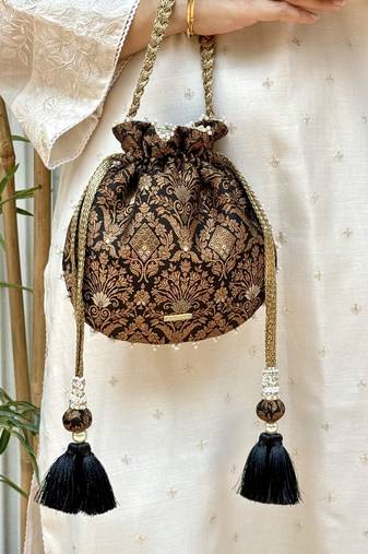 Black satin pearl lace work potli bag