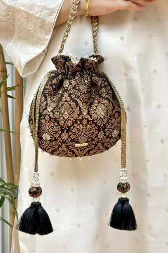 Black satin pearl lace work potli bag