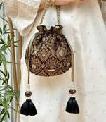 Black satin pearl lace work potli bag