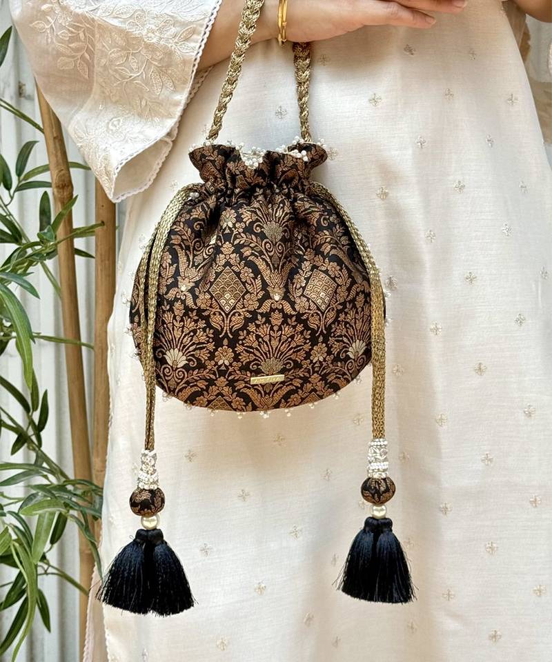 Black satin pearl lace work potli bag