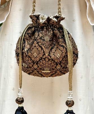 Black satin pearl lace work potli bag 2