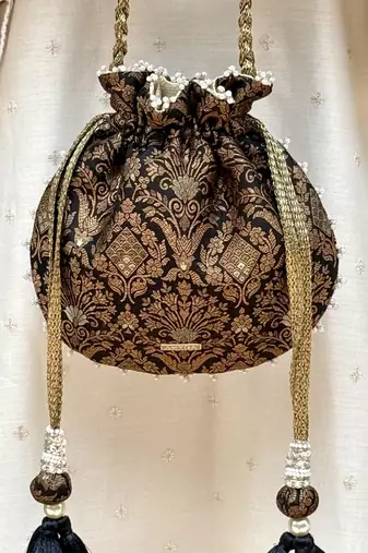 Black satin pearl lace work potli bag