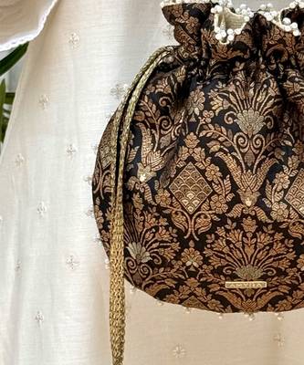 Black satin pearl lace work potli bag 3