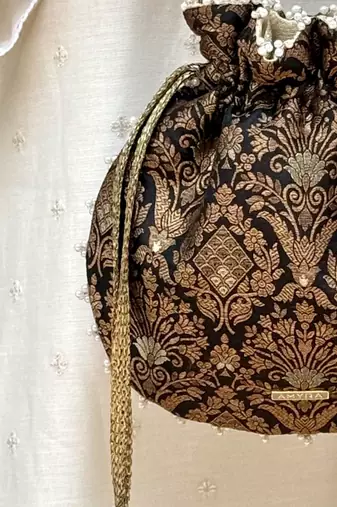 Black satin pearl lace work potli bag