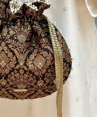 Black satin pearl lace work potli bag 4