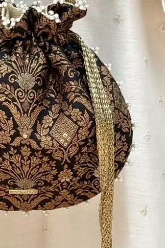 Black satin pearl lace work potli bag