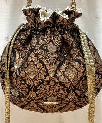 Black satin pearl lace work potli bag 5