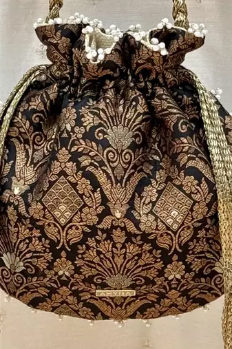 Black satin pearl lace work potli bag