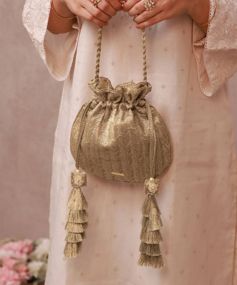Gold textured gota satin potli bag