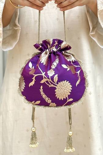 Purple banarasi silk potli bag