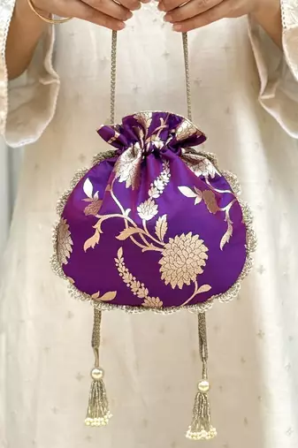 Purple banarasi silk potli bag