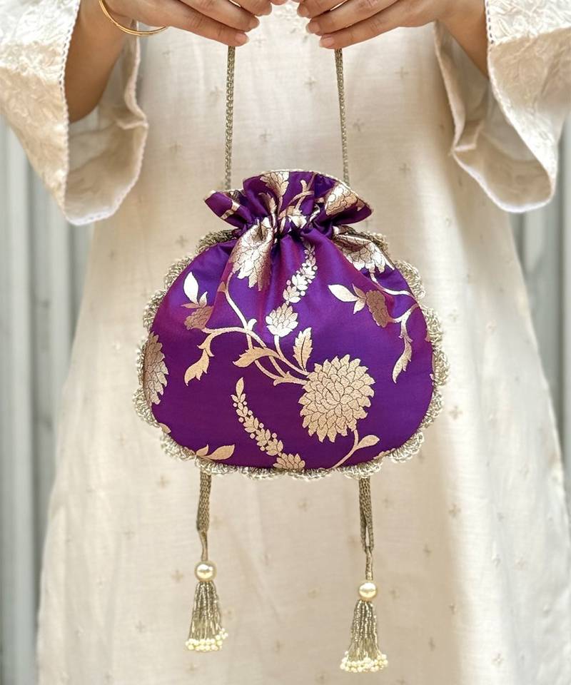 Purple banarasi silk potli bag