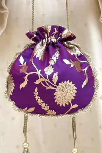 Purple banarasi silk potli bag