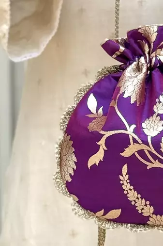 Purple banarasi silk potli bag