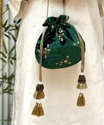 Green velvet suede potli bag 1