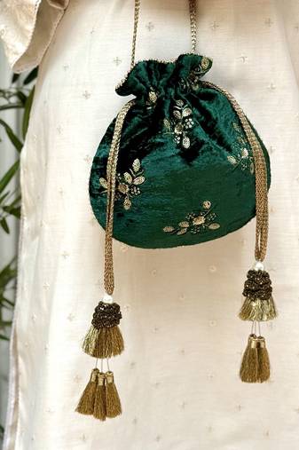 Green velvet suede potli bag
