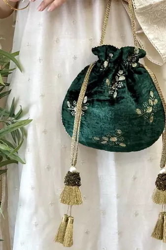 Green velvet suede potli bag