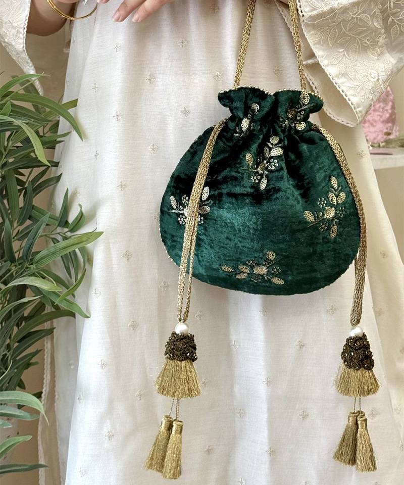 Green velvet suede potli bag