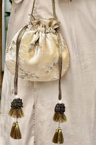 Off white velvet suede potli bag