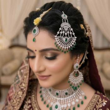Emerald Zircon Bridal Passa – Pakistani Jhumar Headpiece, Wedding Tikka 1