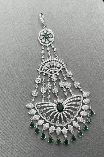 Emerald Zircon Bridal Passa – Pakistani Jhumar Headpiece, Wedding Tikka