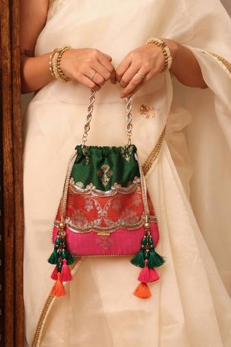 Multicolor pure silk satin potli bag