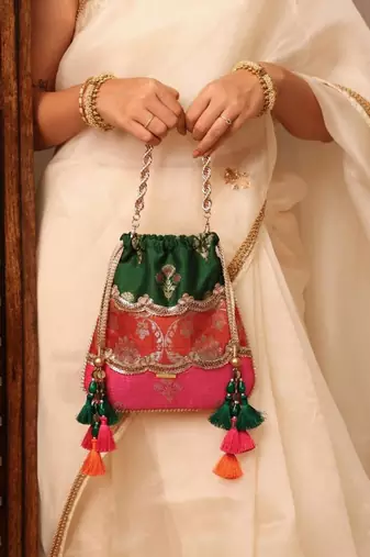 Multicolor pure silk satin potli bag