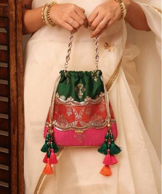 Multicolor pure silk satin potli bag 3