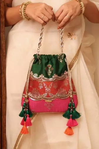 Multicolor pure silk satin potli bag