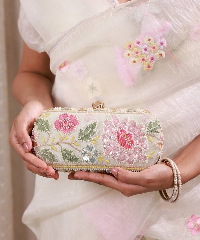 Multicolor floral embroidered clutch