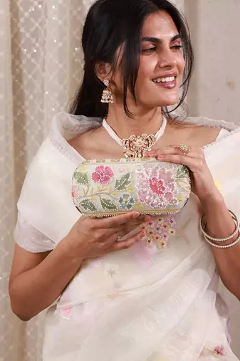 Multicolor floral embroidered clutch