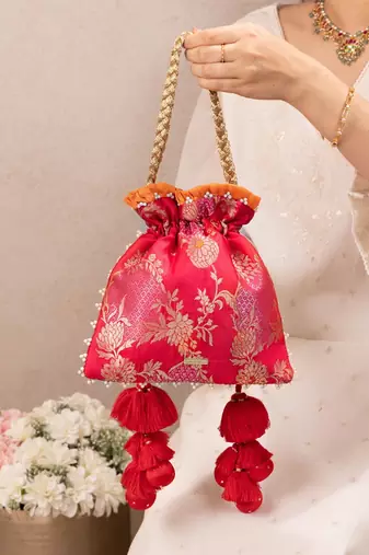 Red katan silk potli bag