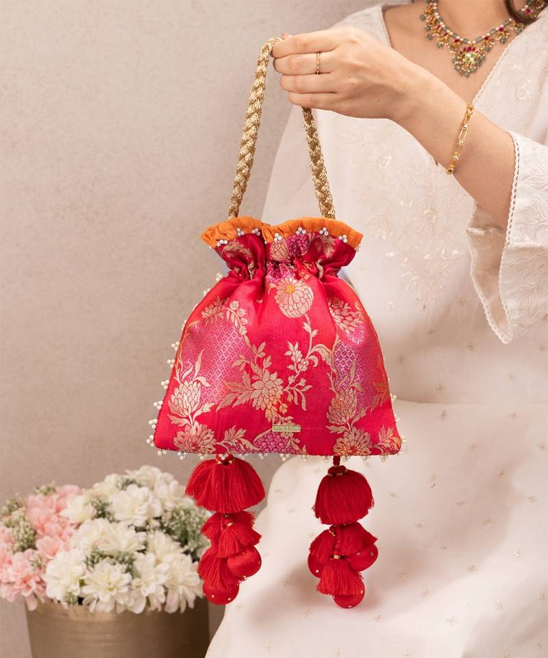 Red katan silk potli bag