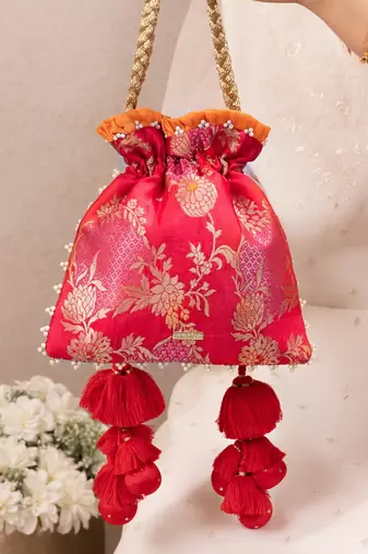 Red katan silk potli bag