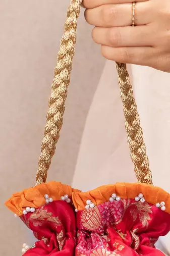 Red katan silk potli bag