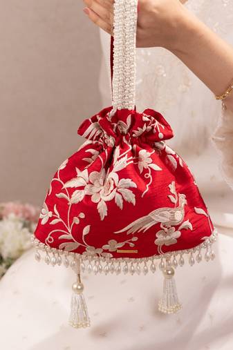 Red pure raw silk potli bag