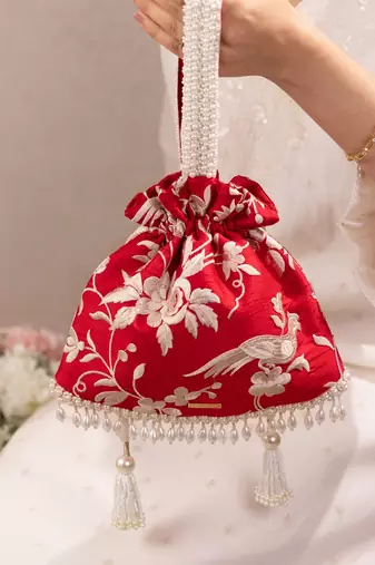 Red pure raw silk potli bag