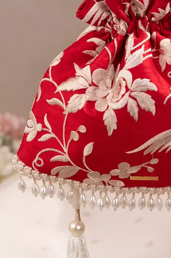 Red pure raw silk potli bag