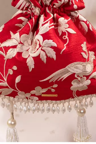 Red pure raw silk potli bag