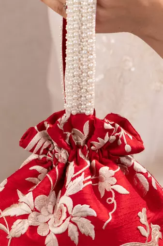 Red pure raw silk potli bag