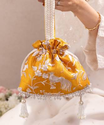 Mustard yellow pure raw silk potli bag 1
