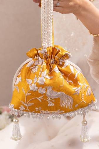 Mustard yellow pure raw silk potli bag